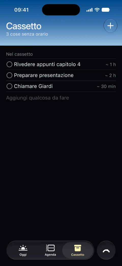 Il Cassetto: tre cose senza orario, Rivedere appunti capitolo 4, Preparare presentazione e Chiamare Giardi, ognuna con quanto dura a occhio.