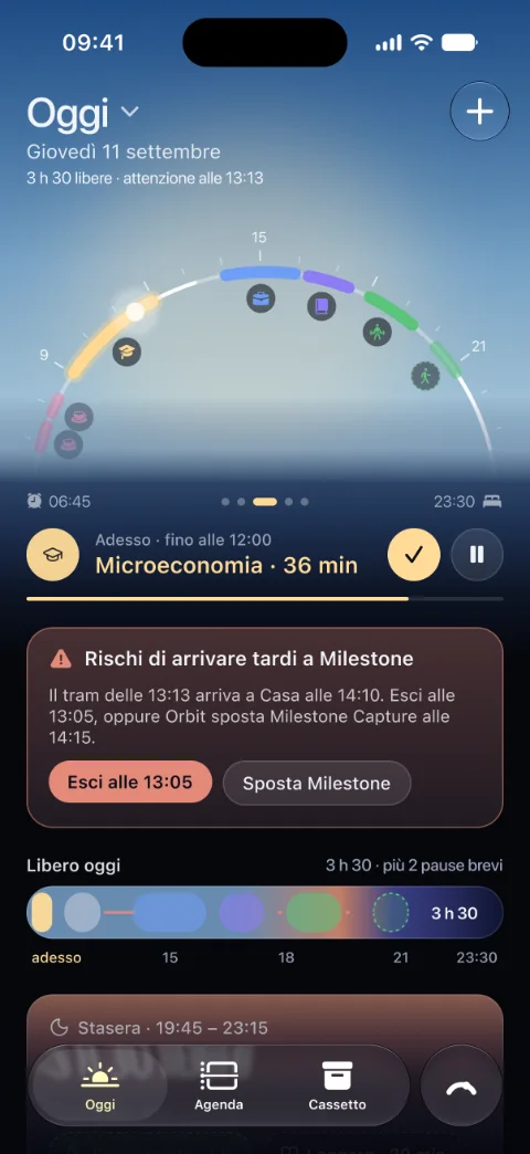 Oggi, Attenzione: rischi di arrivare tardi a Milestone. Il tram delle 13:13 arriva a casa alle 14:10; due pulsanti, Esci alle 13:05 e Sposta Milestone.
