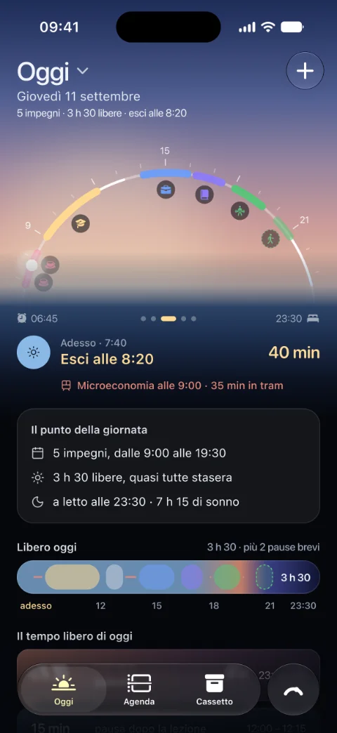 Oggi alle 7:40: cielo dell’alba, Esci alle 8:20 per Microeconomia alle 9:00 con 35 minuti di tram, e il punto della giornata: 5 impegni, 3 h 30 libere, a letto alle 23:30.