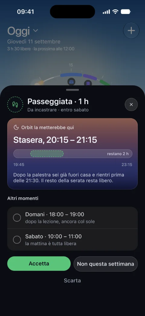 Proposta di DayBow: Passeggiata, un’ora, stasera dalle 20:15 alle 21:15, con il perché e altri due momenti; in basso Accetta, Non questa settimana e Scarta.
