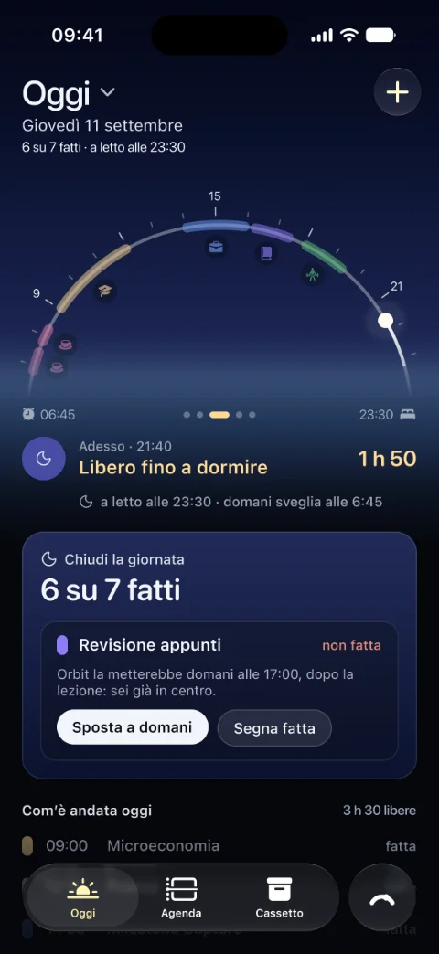 Oggi alle 21:40: cielo di notte, libero fino a dormire e Chiudi la giornata: 6 su 7 fatti, con Revisione appunti da spostare a domani o segnare fatta.