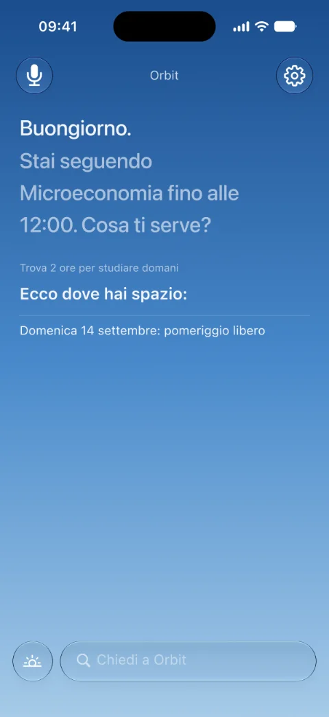 Chiedi a DayBow: «Buongiorno. Stai seguendo Microeconomia fino alle 12:00. Cosa ti serve?» Alla richiesta di trovare 2 ore per studiare domani, DayBow risponde con lo spazio libero di domenica pomeriggio.