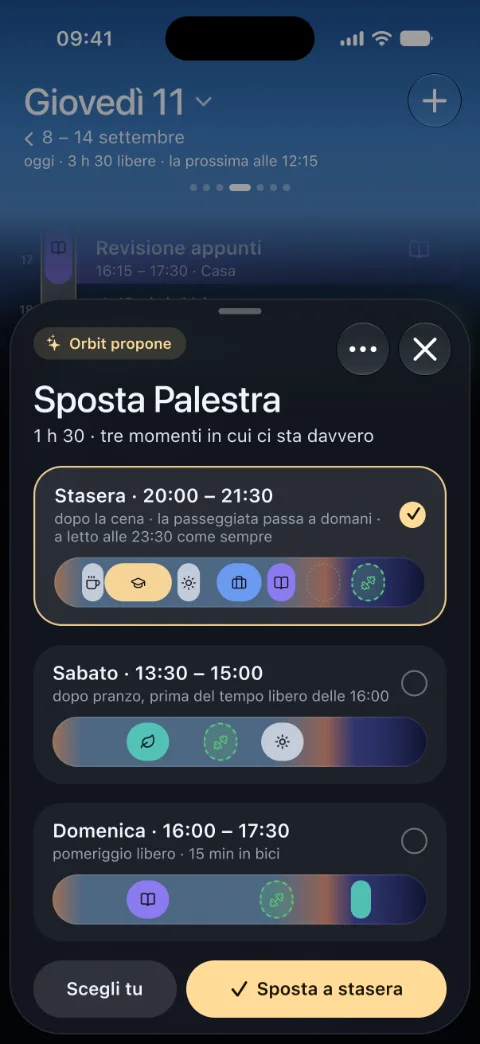 Sposta Palestra, DayBow propone tre momenti in cui ci sta davvero: stasera dalle 20:00, sabato dalle 13:30, domenica dalle 16:00, ognuno con il suo nastro; in basso Scegli tu e Sposta a stasera.
